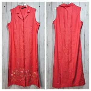 Vintage Erika Womens Linen Blend Coral Button Up Maxi Dress Embroidered Size XL.